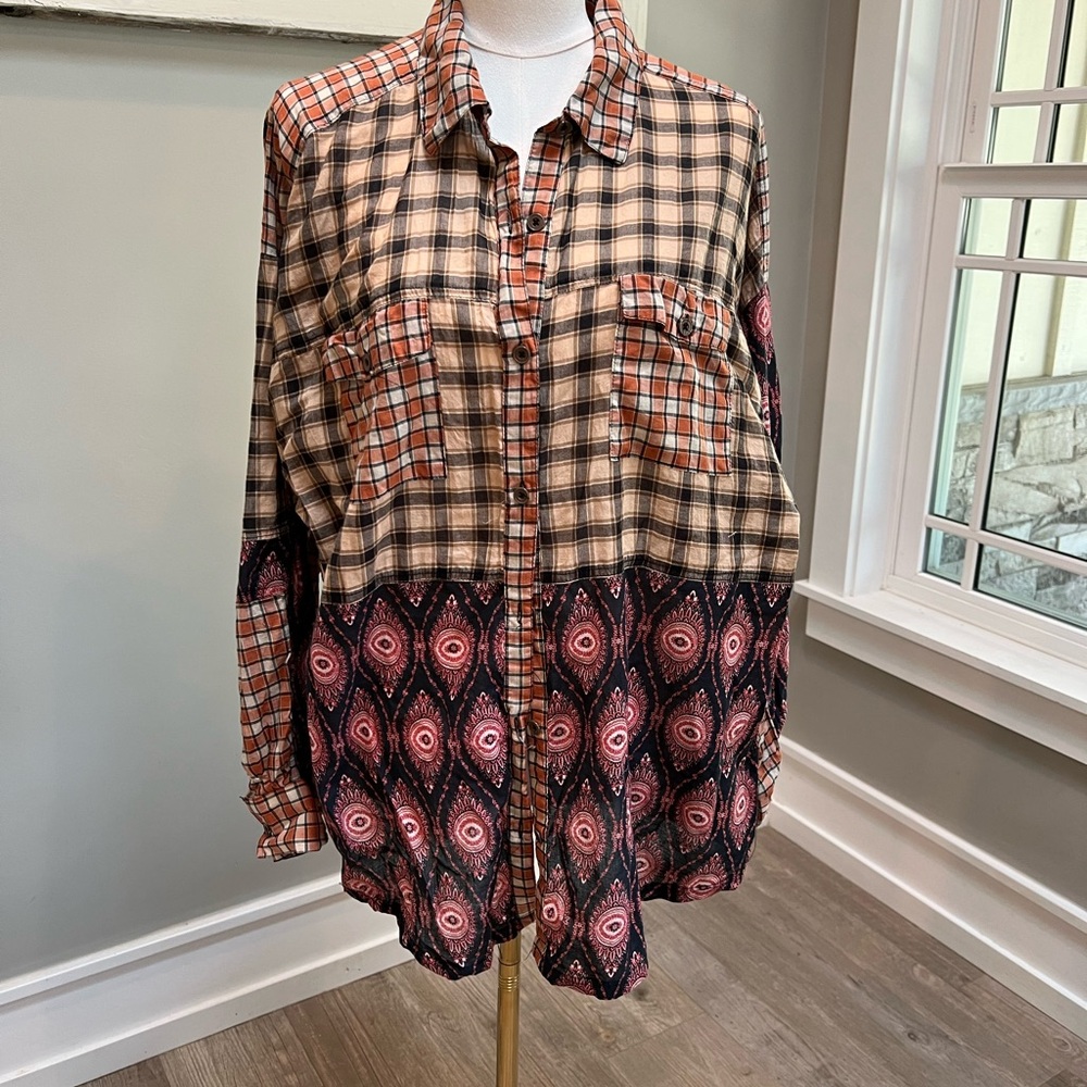 We The Free Plaid Button-Up Shirt in Beige, Rust, Black